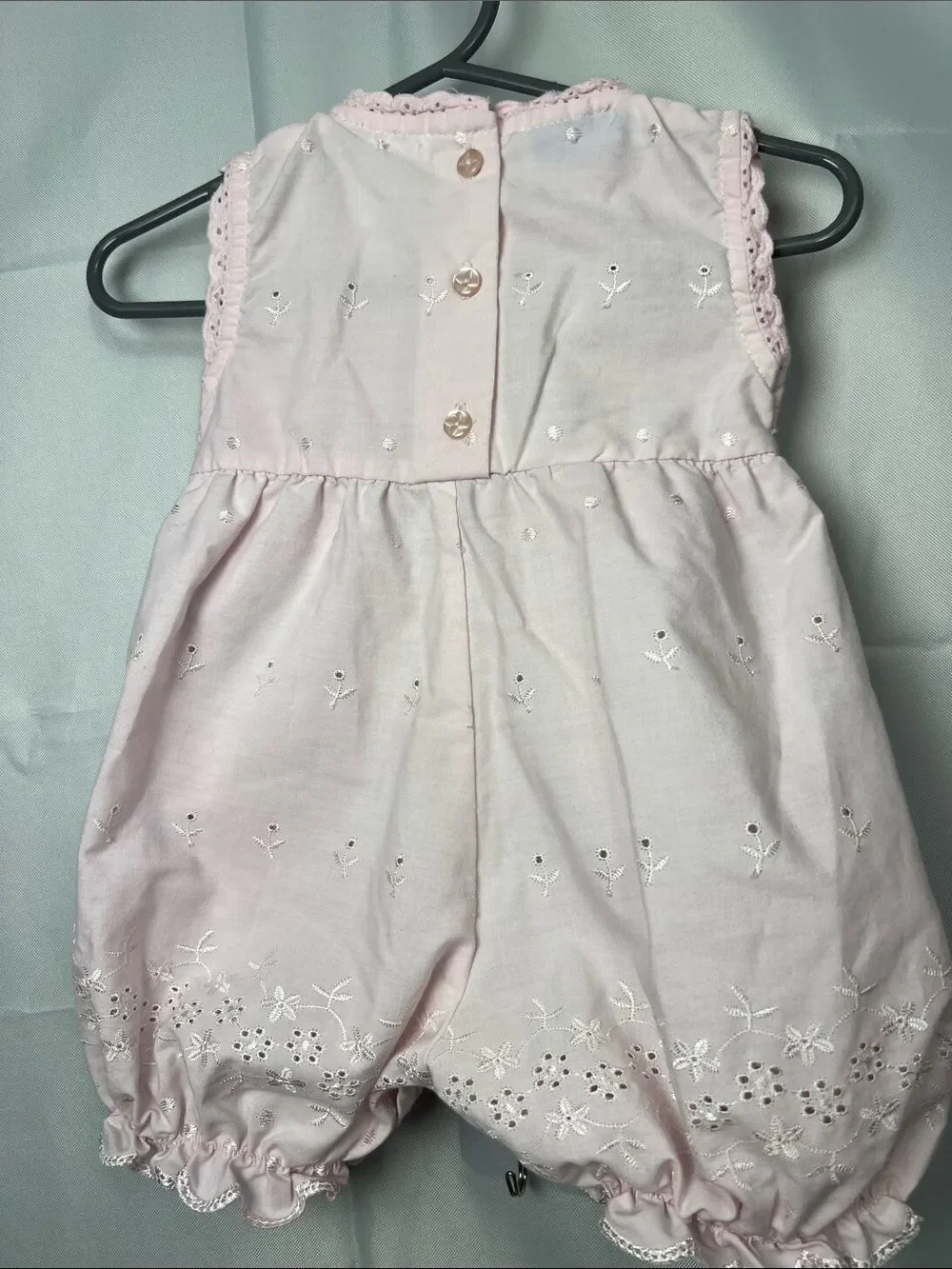 Baby Grand Pink eyelet bubble romper with ruffle accents size 9 months